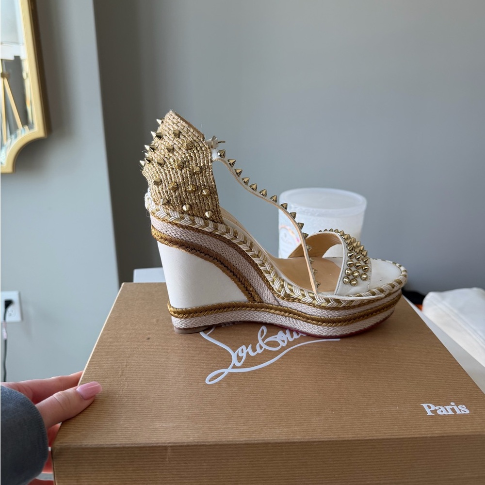 Christian Louboutin Madmonica 120 Gold & White Studded Espadrille Wedge Sandals